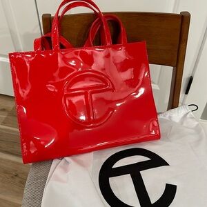 Glossy Red Patent Tote with Embossed Circle Logo